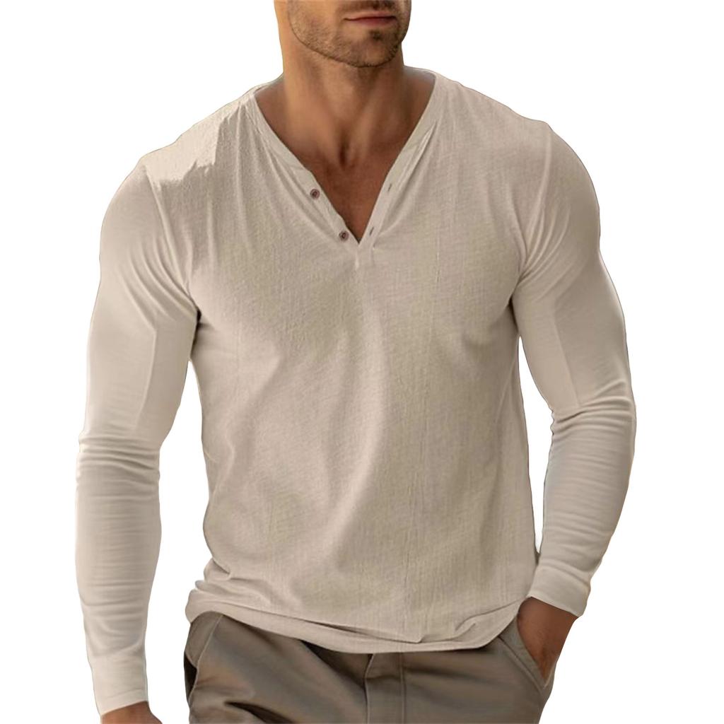Men's Solid Color Cotton Linen Button Collar Long Sleeve Top Men's Sports Large Size Casual Top