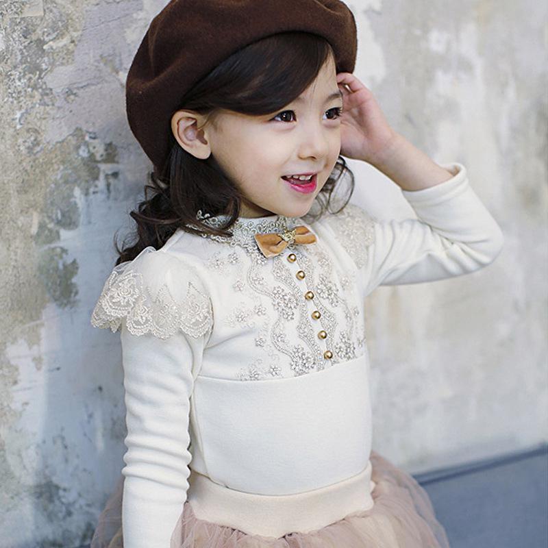 Girls' Thickened Lace Beaded Warm Fleece-lined Winter T-shirt