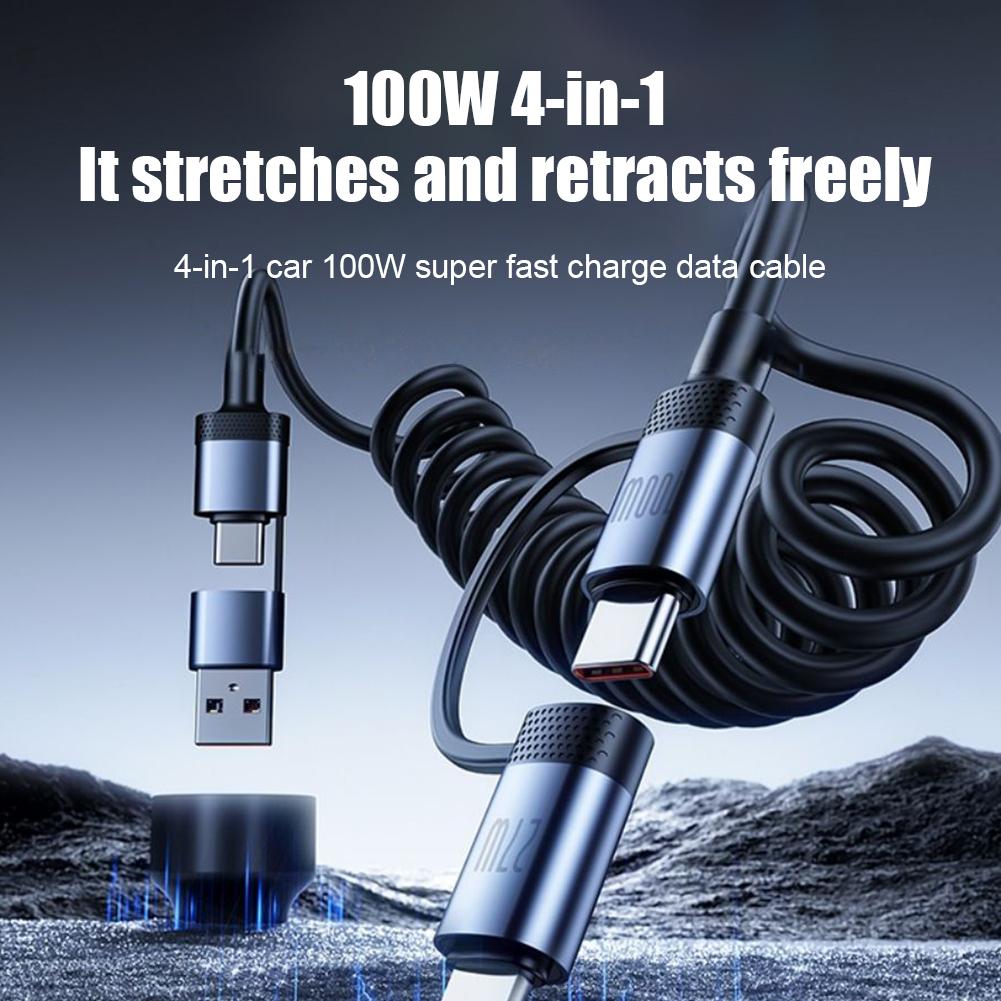 4 In 1 USB C To USB C And Lighting Coiled Charging Cable For Vehicle 100W Fast Charging & Data Transfer Safe Fast Charging