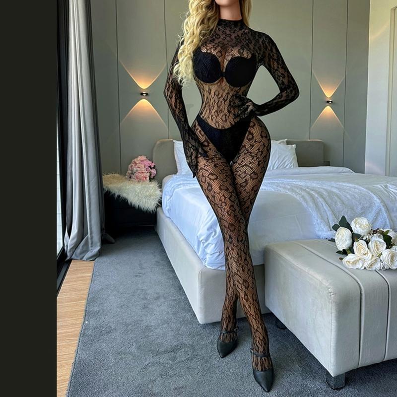 Women Leopard Fishnet Bodystocking Long Sleeve Bodysuit Sexy Hollow Out Mesh Tights Nightwear Erotic Lingerie Jumpsuit