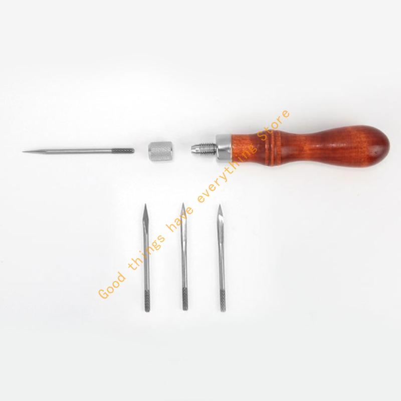 Essential Handle Awl Repair Tool Stitchers Sewing Awl Set with Four Tip 55KF