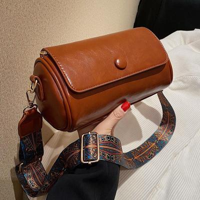 Vintage Women Crossbody Bags PU Leather Summer New Office Lady Packs All-Match Wide Shoulder Strap Barrel-shaped Packs