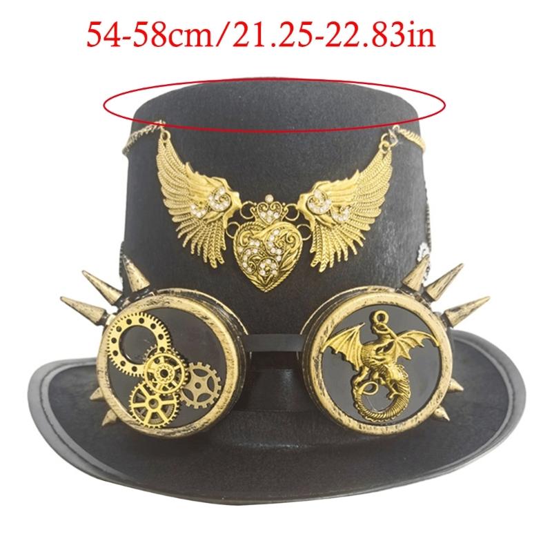 Gothic Top Hat With Metallic Goggles Gear And Winged Heart Design Tall Hat For Costume Parties Photography Headpiece