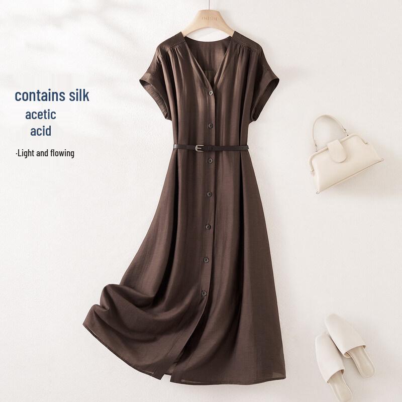 IHIMI V-Neck Cinched-Waist Summer Dress L