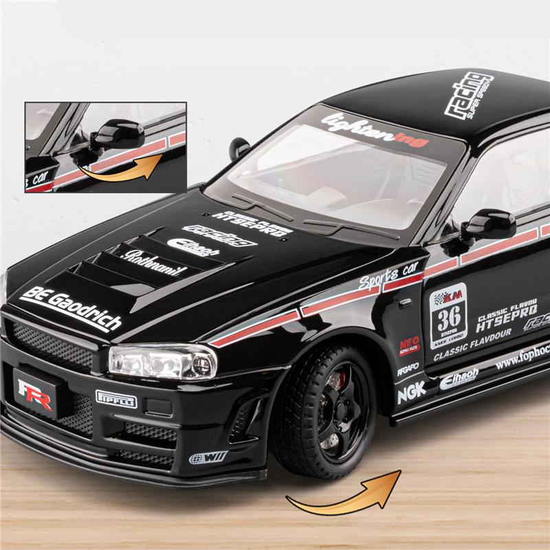 1/24 Nissan Skyline Ares GTR GT-R R34 Alloy Sports Car Model Diecast Metal Track Racing Car Vehicle Model Sound and Light Kids Toy Gift