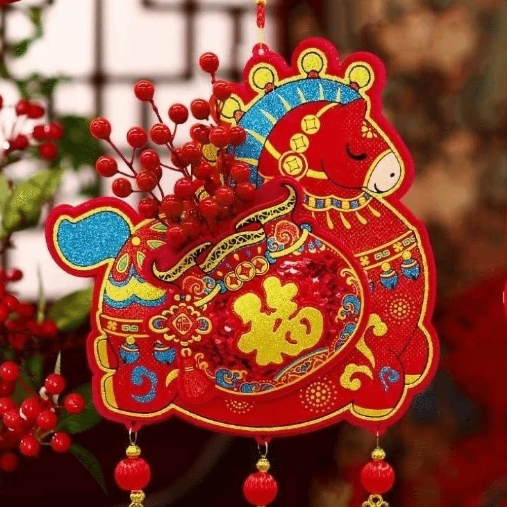 Flocking Chinese Lucky Character Pendants Traditional Handmade Red Horse Hanging Ornament with Tassels Blessing
