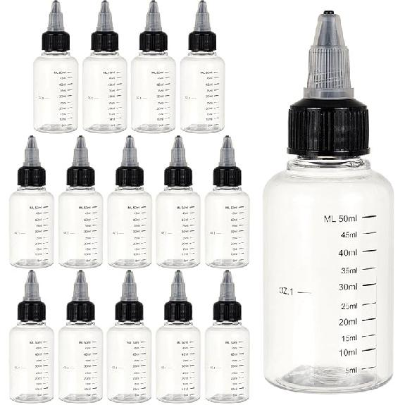 BENECREAT 15 Pack 50ml Transparent Plastic Dispensing Bottle with Twist Cap and Graduated Measurement for Liquids, Inks, Oils, Arts and Crafts