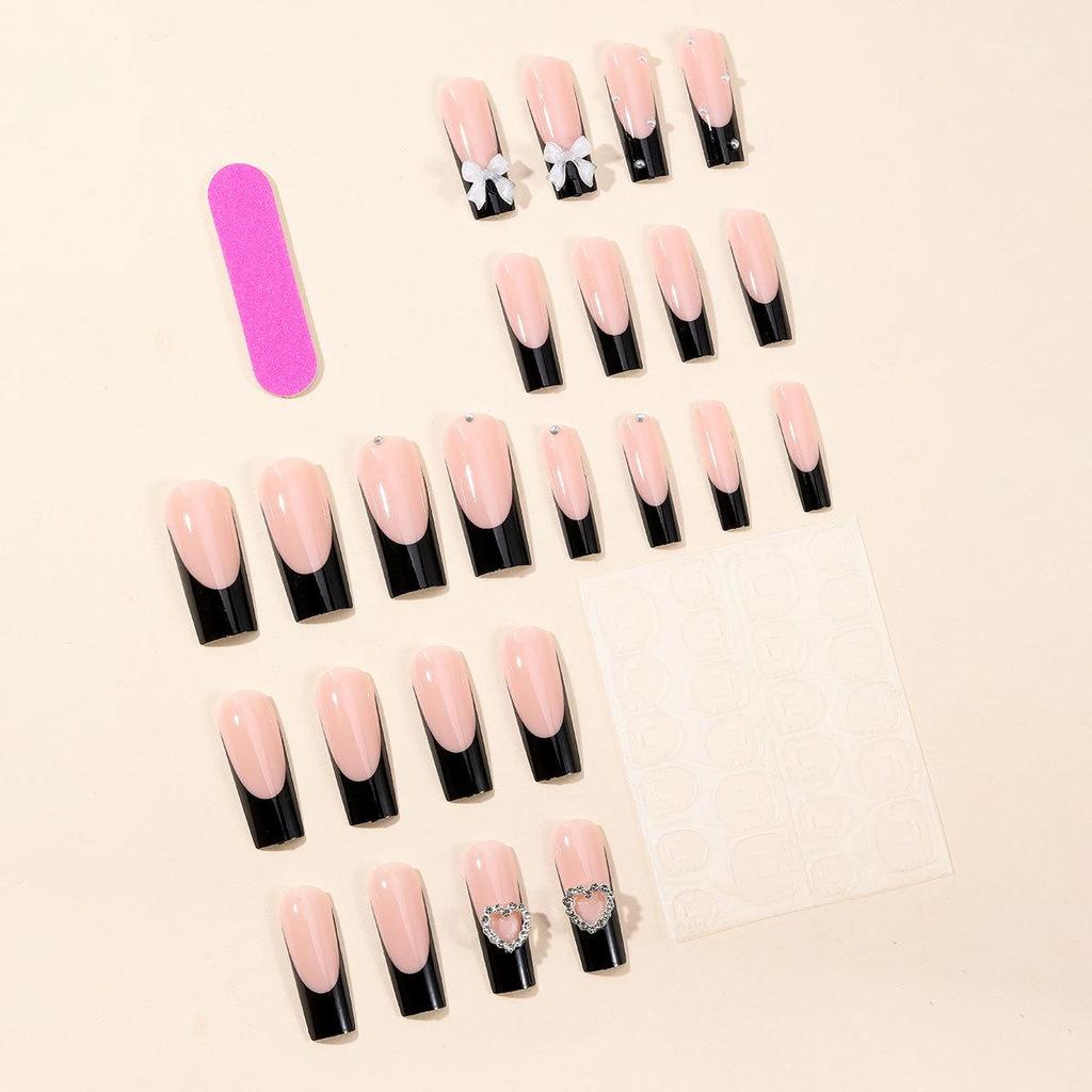 Black French Bow Pearl Heart Detachable Wearable Nail Patches