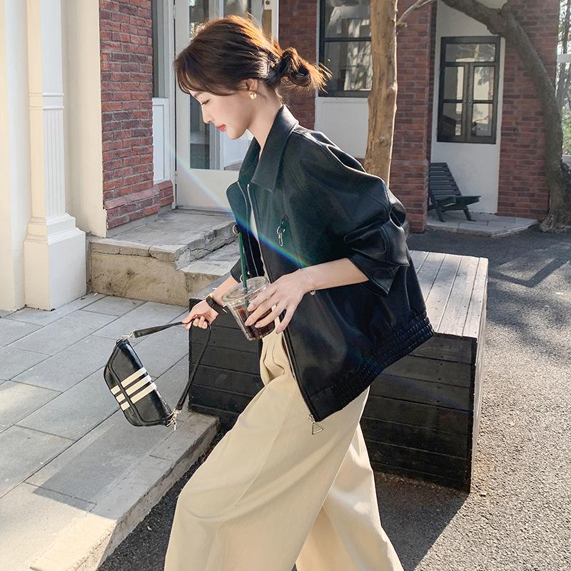 

Женская куртка из черной кожи весна и осень новая популярная дизайнерская маленькая модная повседневная кожаная куртка XL чёрный