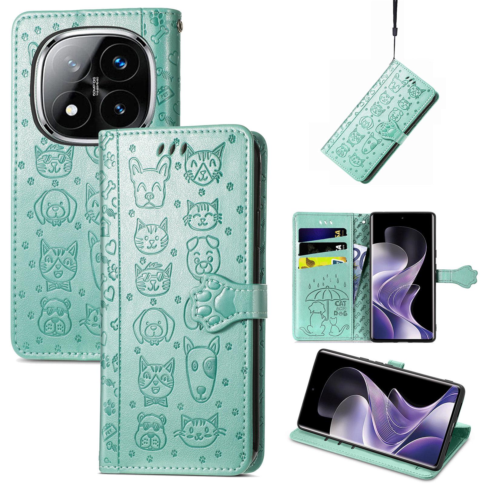 

Кожаный чехол-кошелек для Xiaomi Redmi Note 14 Pro 5G, откидная крышка для телефона с милым рисунком кошки и собаки Green