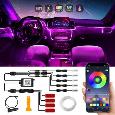 Luces LED interiores de neón para coche, Kit de fibra óptica de luz ambiental RGB con aplicación, Control inalámbrico, LED, ambiente decorativo