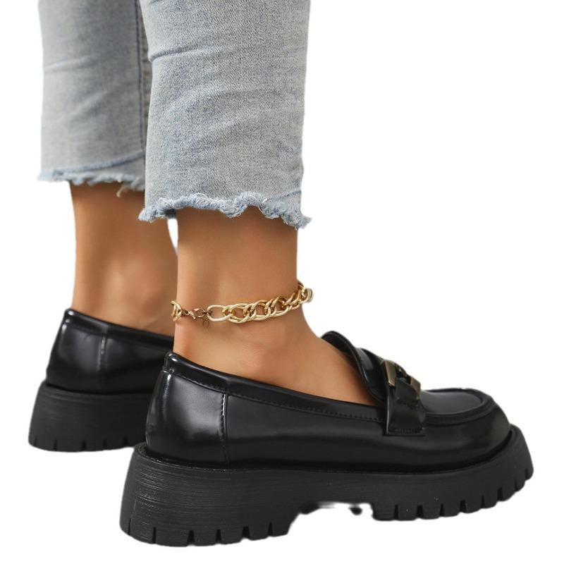 Large size thick-soled black small leather shoes for women's spring and autumn new one-pedal work shoes metal buckle
