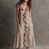 New Solid Color Sleeveless pocket-commuter-hemp-V-neck Pullover Ruffle Edge Dress