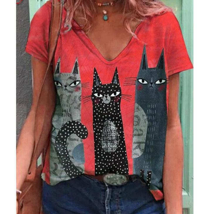 Funny Cut Kawaii Cartoon Cat Print V Neck Short Sleeve Casual Harajuku Tee T Shirt Plus Size Top Femme Women Summer Clothes