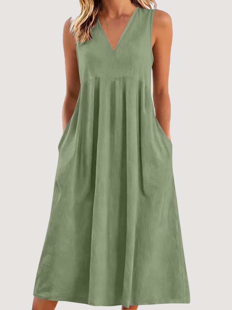 Europäisch-Amerikanisches Retro V-Ausschnitt Ärmelloses Baumwoll-Leinen Taschenkleid - Lässige, Lockere Damen Frühling/Sommer Mode.