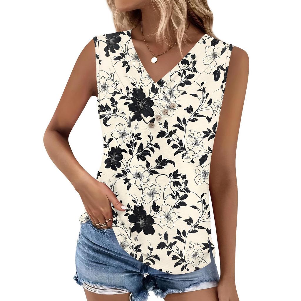 Women's Print Tank Top Button-down V-neck T-shirt Sleeveless Loose Fashion Top