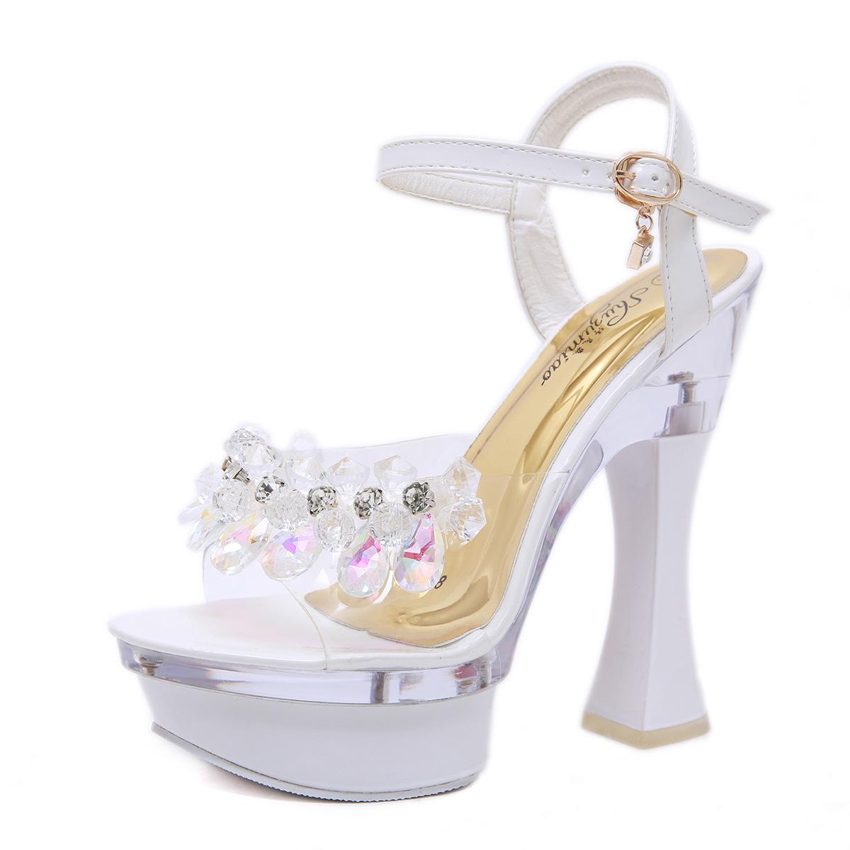

10365-23 Women s Glass Rhinestone Mules, Thick Sole Platform Wedge Chunky Heel Slippers, Non-slip Summer Sexy Casual Sandals 34 белый