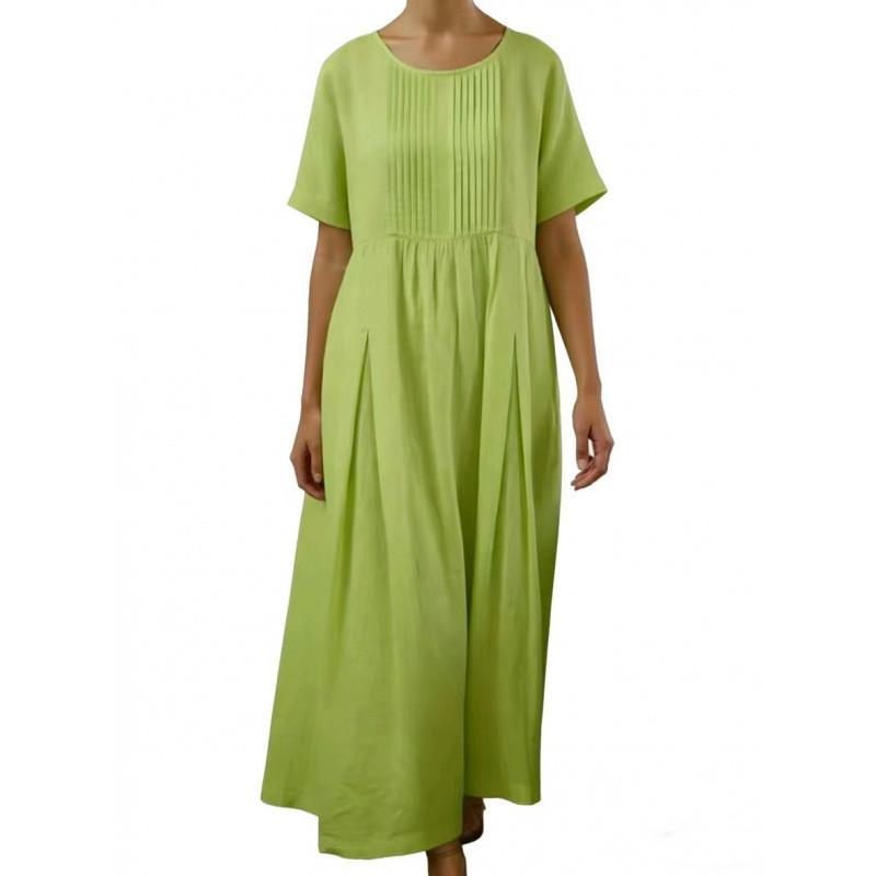 Cotton Linen Pleated Midi Dress With Loose Waist For Casual Wear