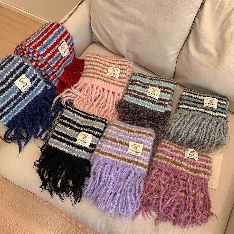 Dolly Para Warm Striped Knit Wool Scarf with Fringe, Winter Cold Protection Accessory (Purple)