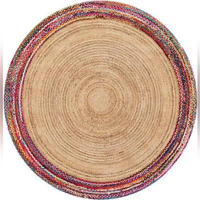 Aizza Trends Indian Handmade Braided Multi Cotton Border with Inner Natural Jute Area Rug- Jute Rug- Dining Room- Living Room