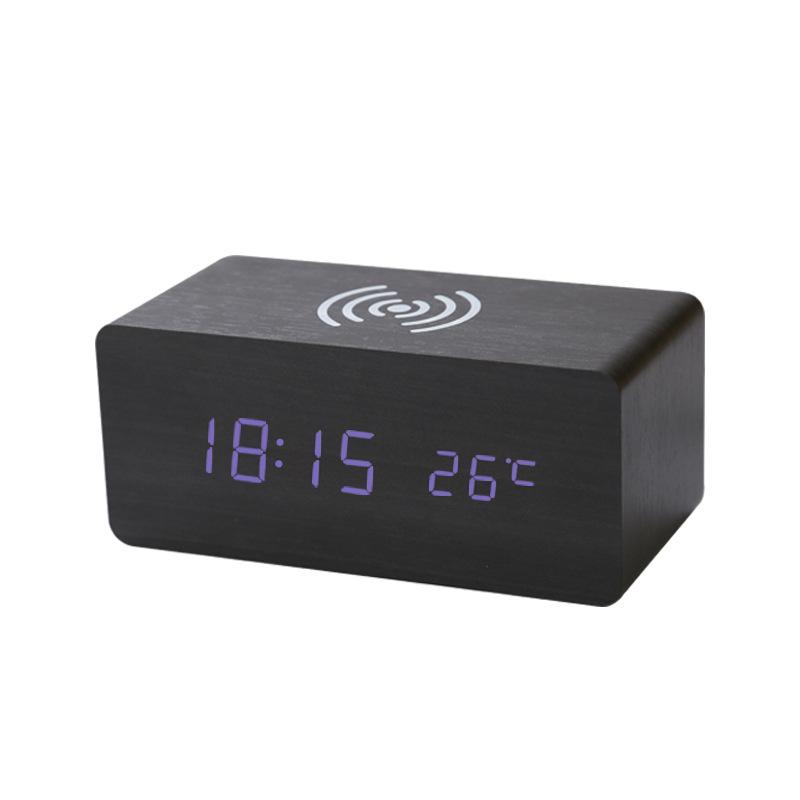 Smart Wooden Desk Clock with Wireless Charging, LED Display, Voice Control, and Silent Alarm