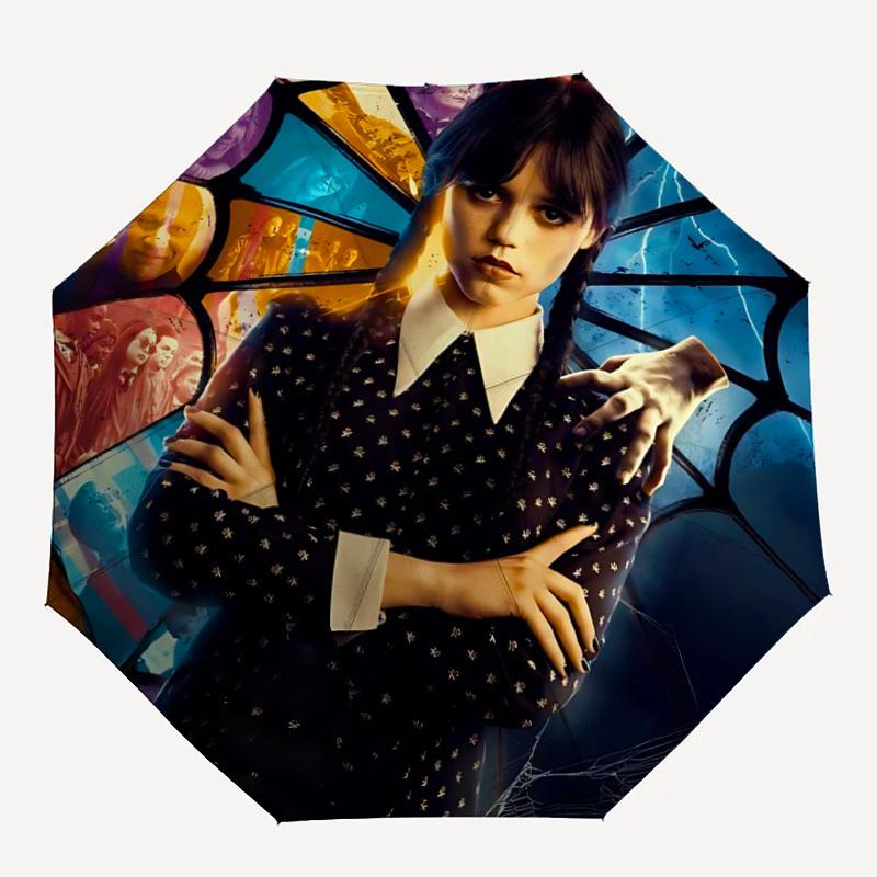 

1PC Wednesday Pattern Automatic Folding Umbrella, Portable Collapsible Design, Casual Outdoor Accessory, For All Seasons, Christmas Birthday Festival