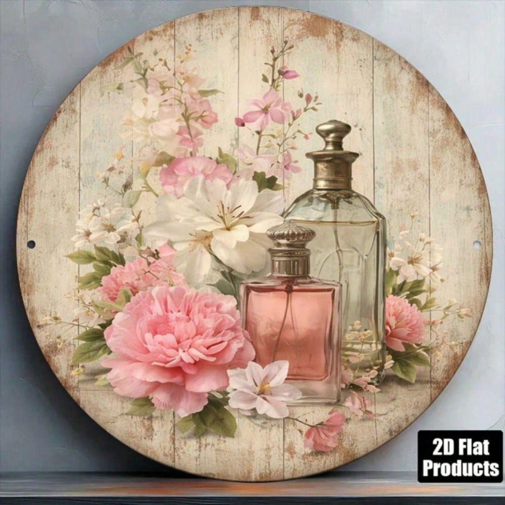 Vintage Round Metal Wall Art Sign with Perfume and Flowers Decor for Living Room