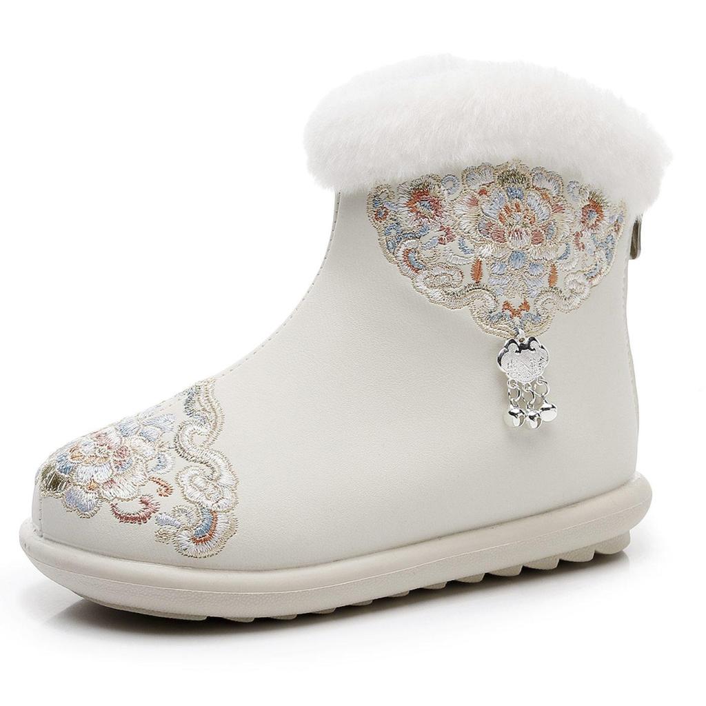 2025 Winter Chinese Hanfu Leather Snow Boots for Girls - Handmade Embroidered Cotton Children's Shoes for New Year's Day