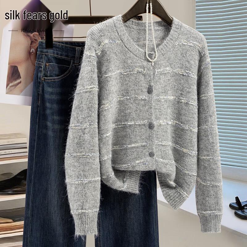 

Women s Round Neck Striped Wool Blend Knit Sweater One Size