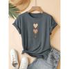 Three Heart-shaped Printed Fashionable Retro Style Women's Summer Casual Sports Style Top Round Neck Short Sleeved T-shirt Deep Space Gray