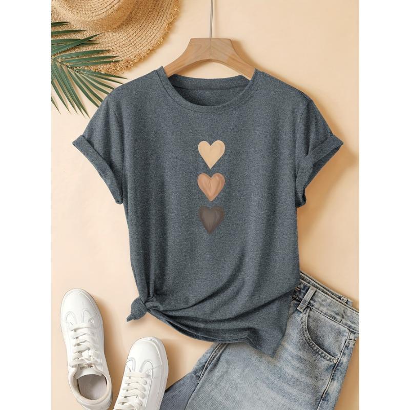Three Heart-shaped Printed Fashionable Retro Style Women's Summer Casual Sports Style Top Round Neck Short Sleeved T-shirt Deep Space Gray