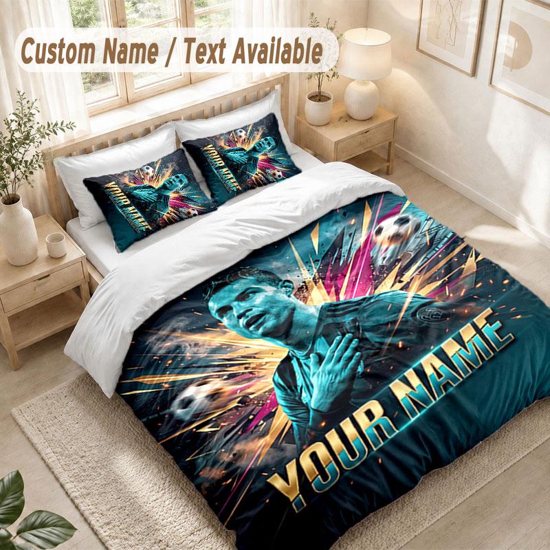 Custom Name Bedding Set 3 PiecesCristiano Ronaldo Print Duvet Cover + 2 Pillowcases Soft Bed Decor
