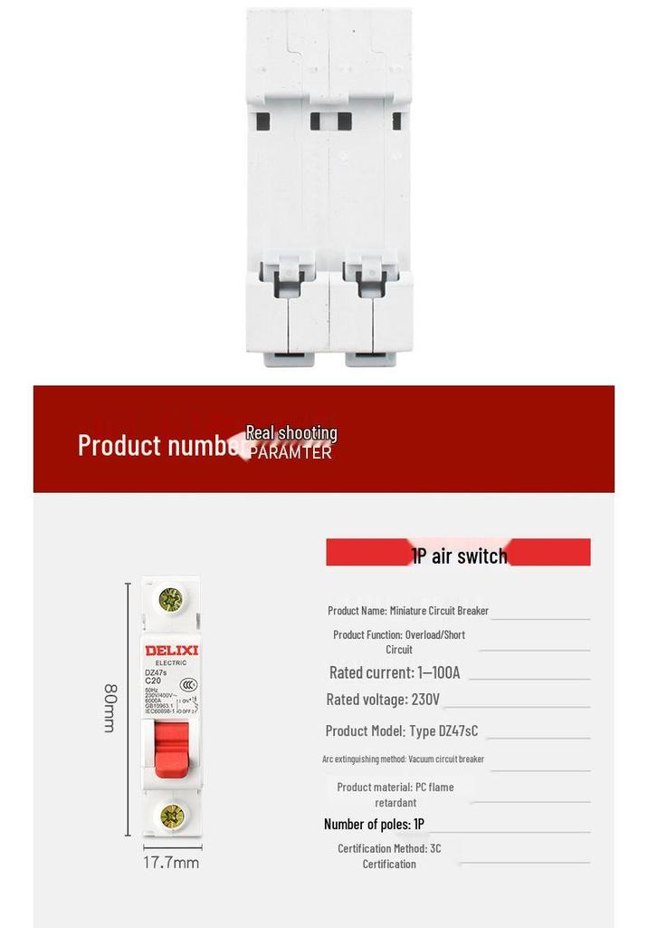 Delixi DZ47S Single Pole Miniature Circuit Breaker - Available In 20A, 25A, 32A, 40A, 63A