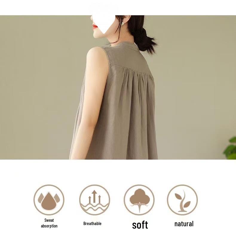 2026 New Summer Casual Sleeveless Cotton Linen Dress - Slimming, Loose Fit, Solid Color