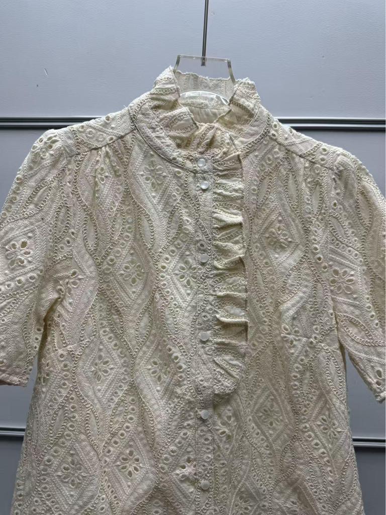 French Retro Mori-kei Embroidered Hollow Wood Ear Trim Solid Color Short Sleeve Shirt for Women