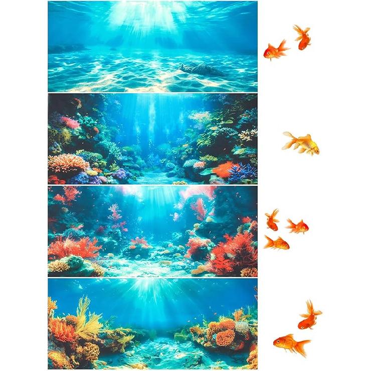 4 Pack Aquarium Background Polyester 30 x 18 Inch Cloth Fish Tank Background Undersea Corals Sunshines Rock Aquatic Plants Wallpaper with