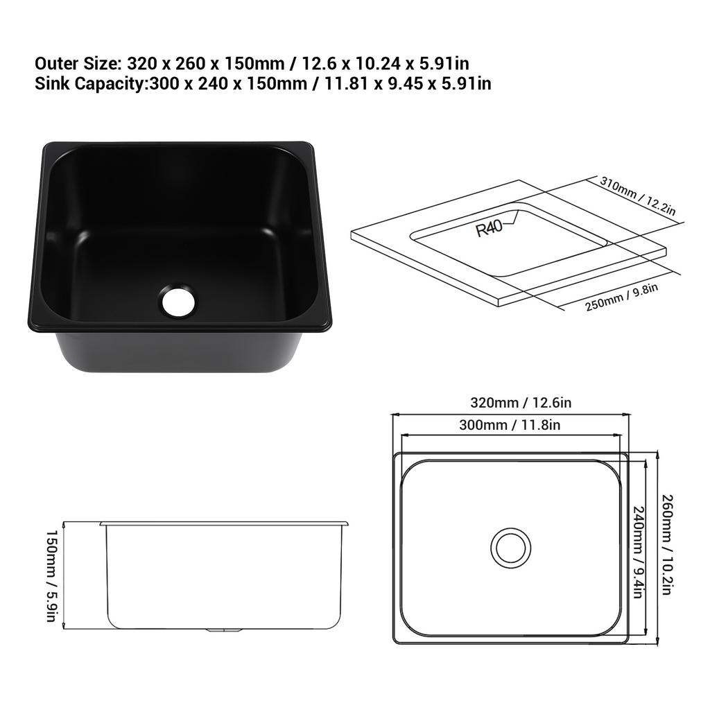 RV Wash Basin Sink 320×260×150mm Scratch Resistant Deformation Proof Embedded Installation RV Bathroom Sink for Food Truck
