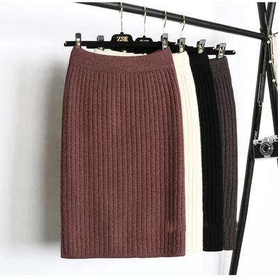 Autumn Winter Elegant High Waist Women Pencil Bodycon Skirt Solid Color Lady Office Knitted Skirt Female Pleated Skirts