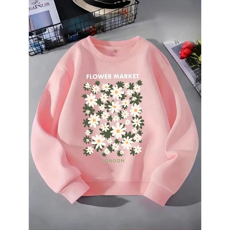Girls' Crewneck Sweatshirt - Daisy Flowers Market London Pattern Machine Washable, Spring And Autumn, Sportswear And Casual Wear