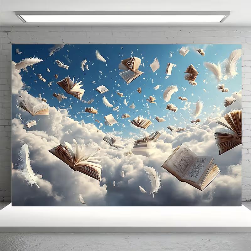 2D Enchanted Reading Backdrop, Books In the Sky for Newborn and Children Photography