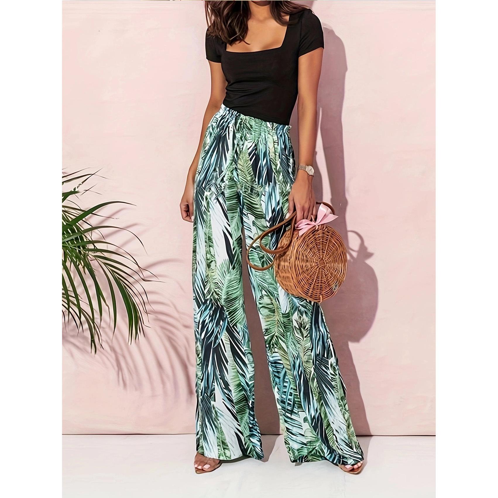 2025 new European and American cross-border autumn and winter new women s clothing printed trousers casual drawstring leaf printed straight pants S зелёный