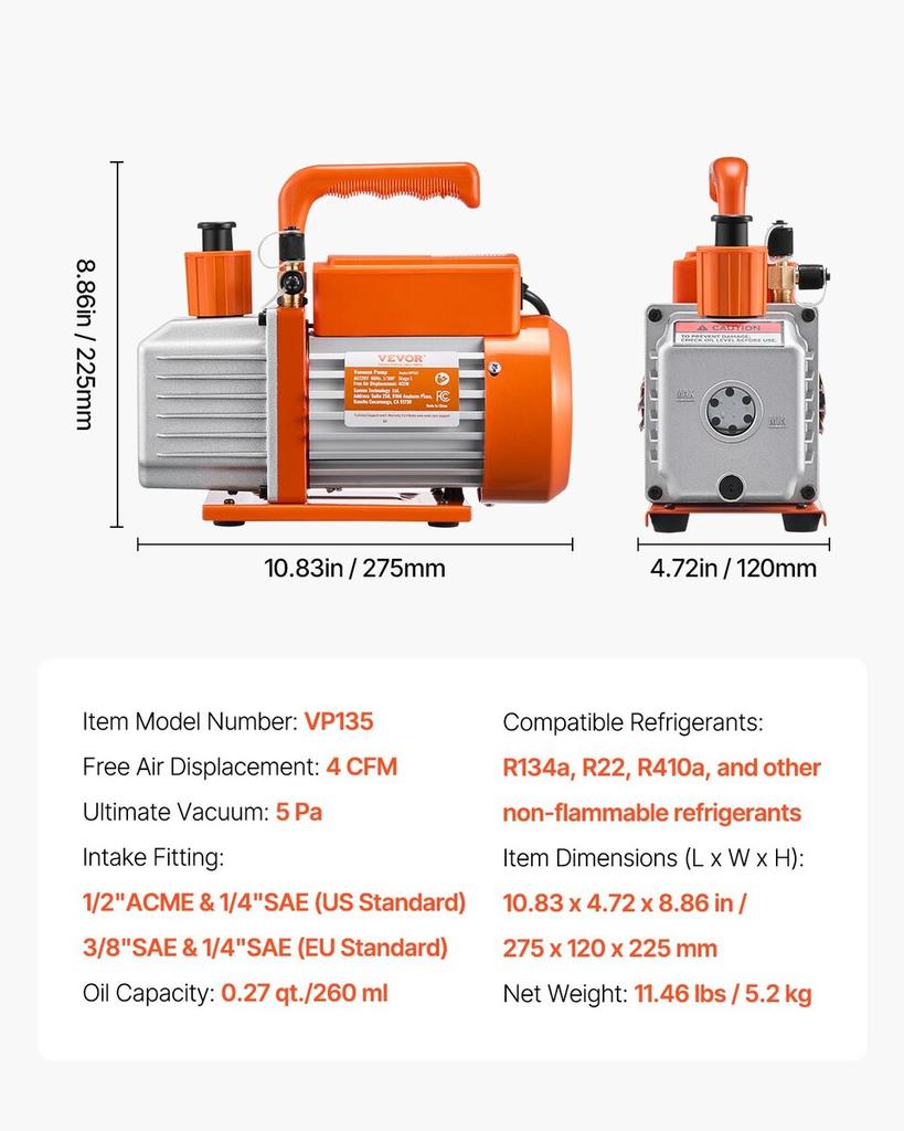 Vacuum Pump 4 CFM HVAC Single Stage Rotary Vane Vacuum Pump Oil Included