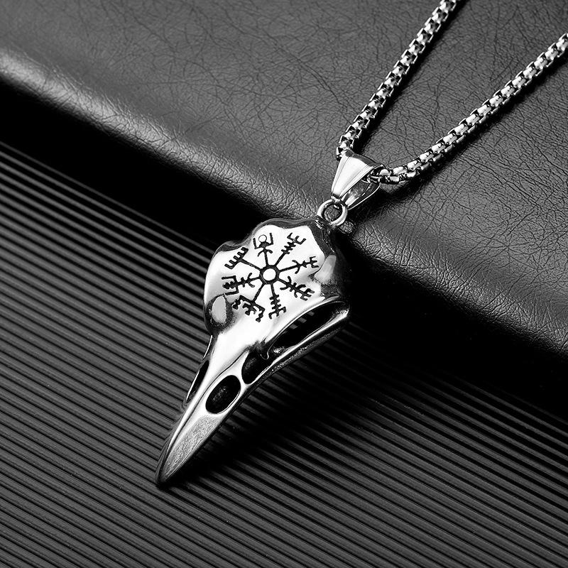 Norse Viking Necklace Vegvisir Symbol Compass Wolf Head Raven Hammer Pendant Vintage Stainless Steel Jewelry for Men Women