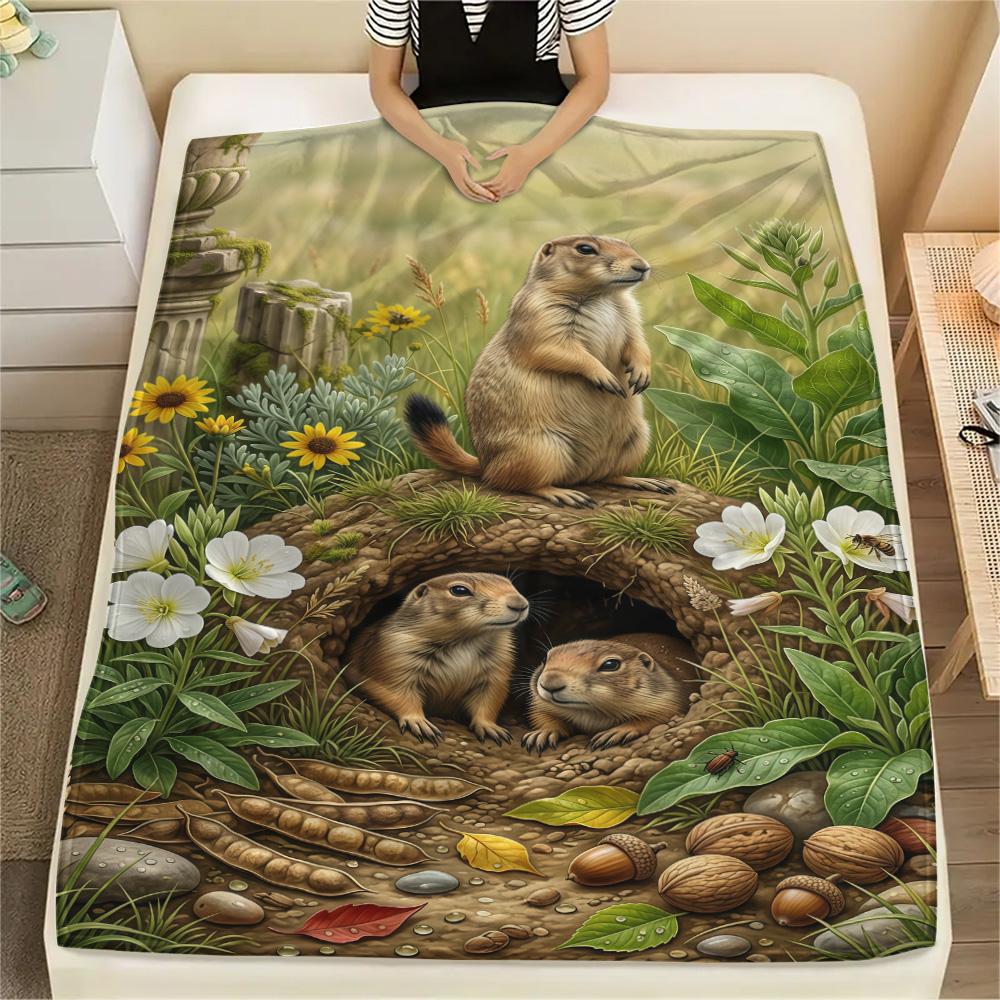 1PC Cute Little Groundhog  Print FlAannel Blanket, High Quality Comfortable for All Seasons, Home Decor, Warmth and Comfort