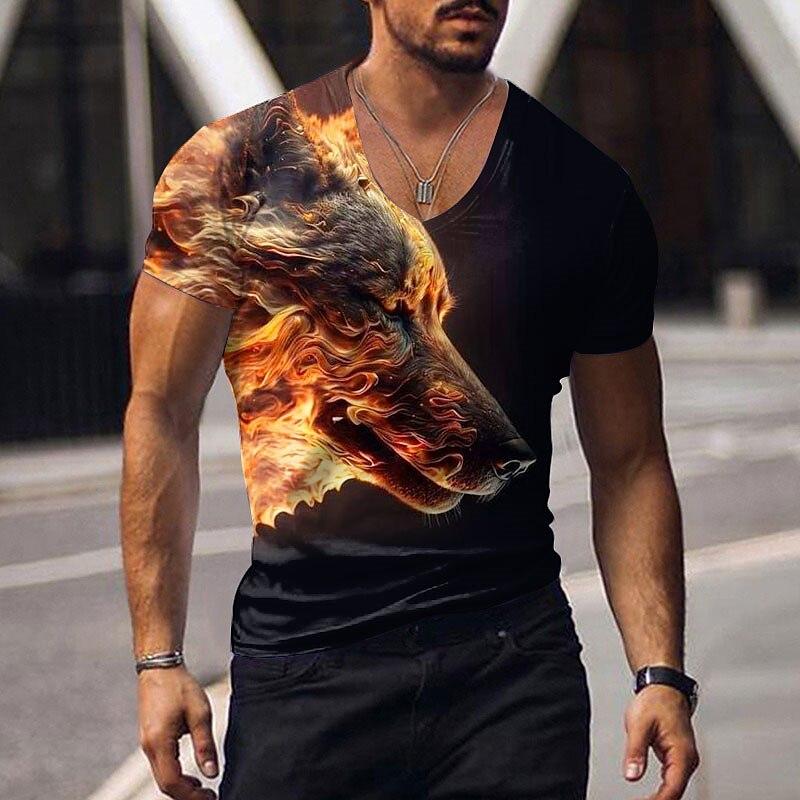 Oversized Animal T-shirt Unisex Black Tees Lion Print Shirts Pattern V-neck Tops Fashion Casual Short Sleeve Summer Unisex's Clothing