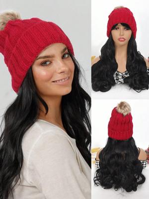 Synthetic Wig Hat, Wavy Long Hair, Red Hat, Suitable for Women's Daily Use