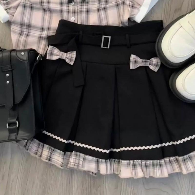 

Stylish Pink Checkered Two Piece Set For Girls With Vintage Pleated Skirt And Short Sleeves Pleated Skirt,110cm/43.31in