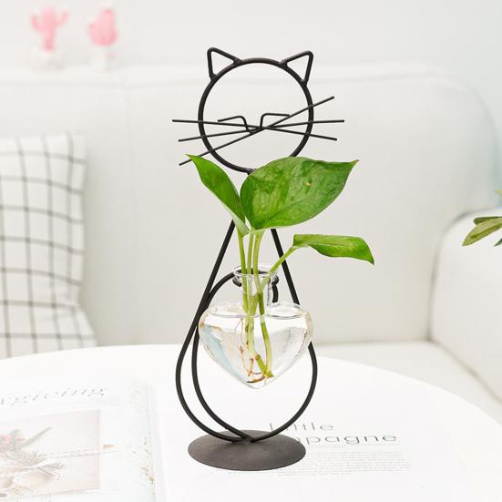 Decorative Ornament, Cat-Shaped Rust-Proof Iron Bracket with Transparent Glass Vase for Hydroponic Plants Desktop Decoration