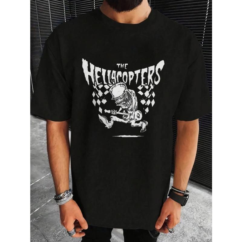 European Size Men S Hellacopters Band Graphic T-Shirt -  Black Rock Tee with Skull & Motorcycle Helicopter Design, The Hellacopters Logo S чёрный
