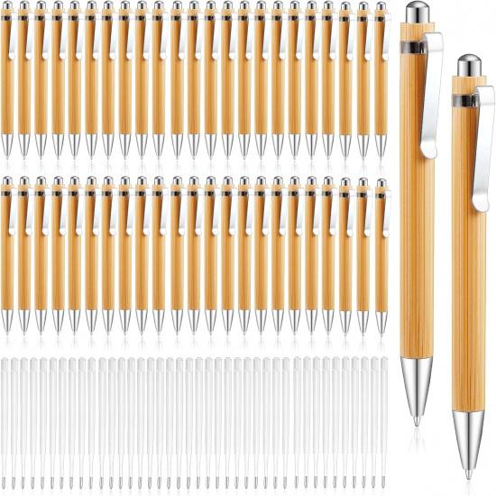50 Pcs Bamboo Pens Bulk,Wooden Retractable Ballpoint Pens,Bamboo Ballpoint Pen With 50 Refills for Writing,1.0mm Black Ink Pens Wood Ballpoint Pen Yellow 50PCS